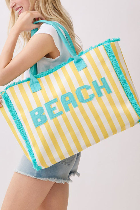 Beach Applique Yellow Striped Terry Cloth Tote