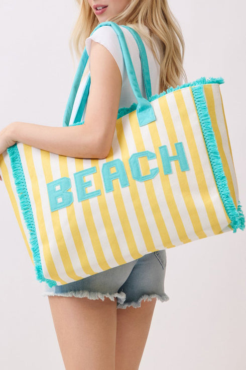 Beach Applique Yellow Striped Terry Cloth Tote