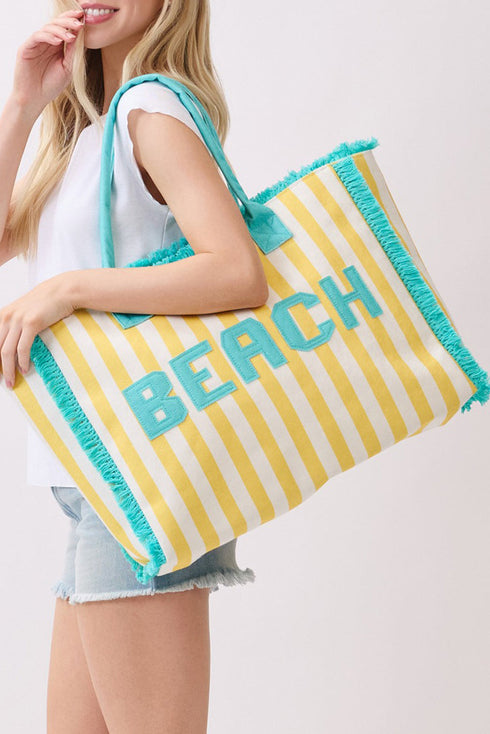 Beach Applique Yellow Striped Terry Cloth Tote