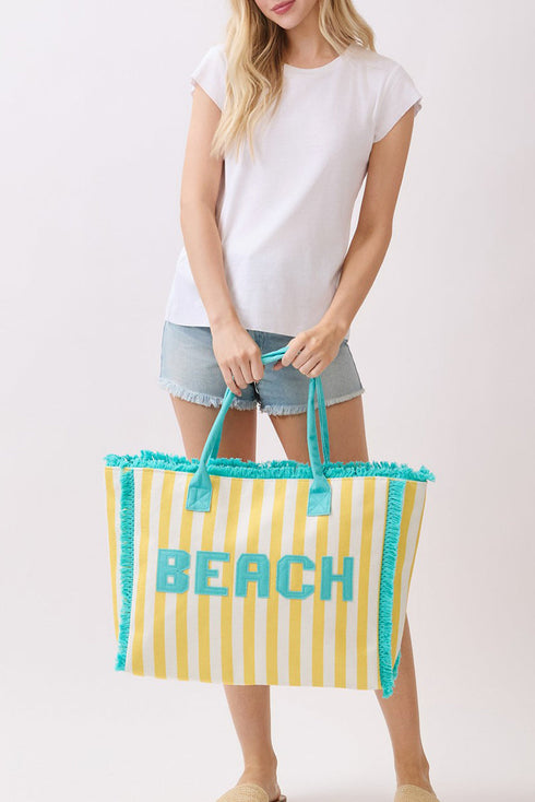 Beach Applique Yellow Striped Terry Cloth Tote