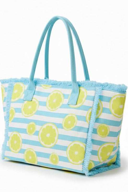 Lemon Drop Fringe Blue Striped Tote