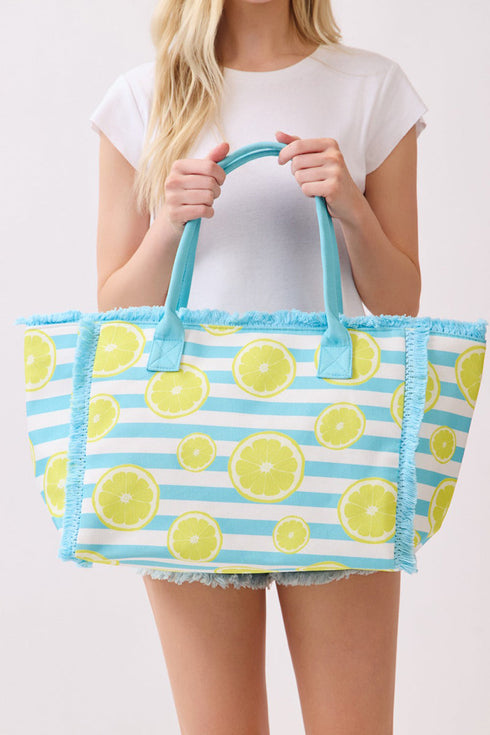 Lemon Drop Fringe Blue Striped Tote