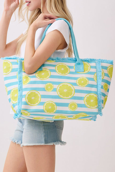 Lemon Drop Fringe Blue Striped Tote