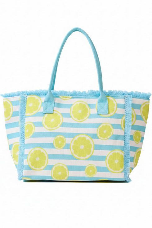 Lemon Drop Fringe Blue Striped Tote