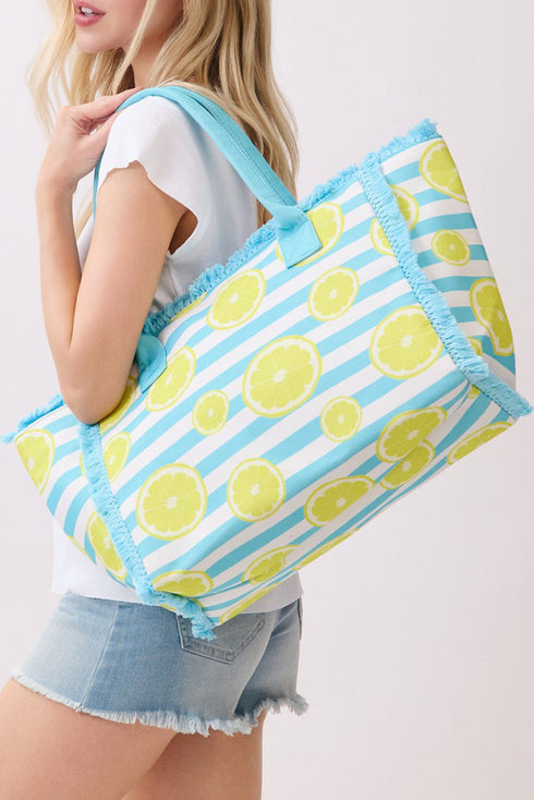 Lemon Drop Fringe Blue Striped Tote