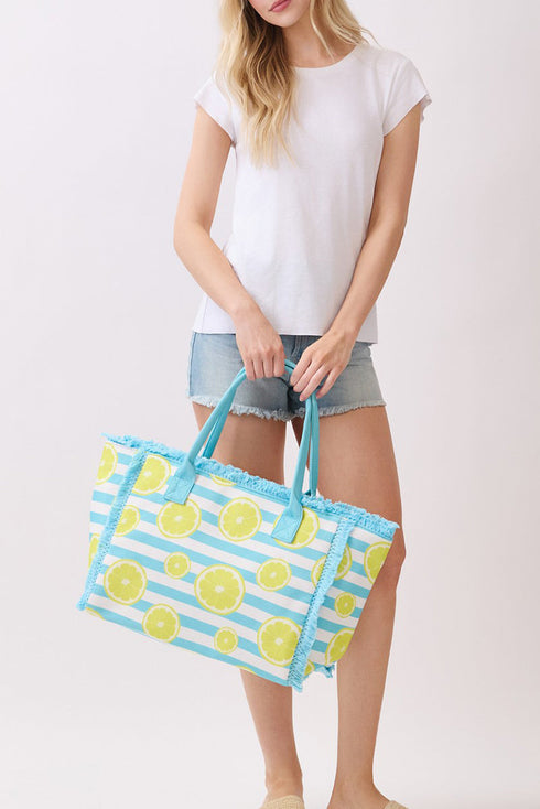 Lemon Drop Fringe Blue Striped Tote