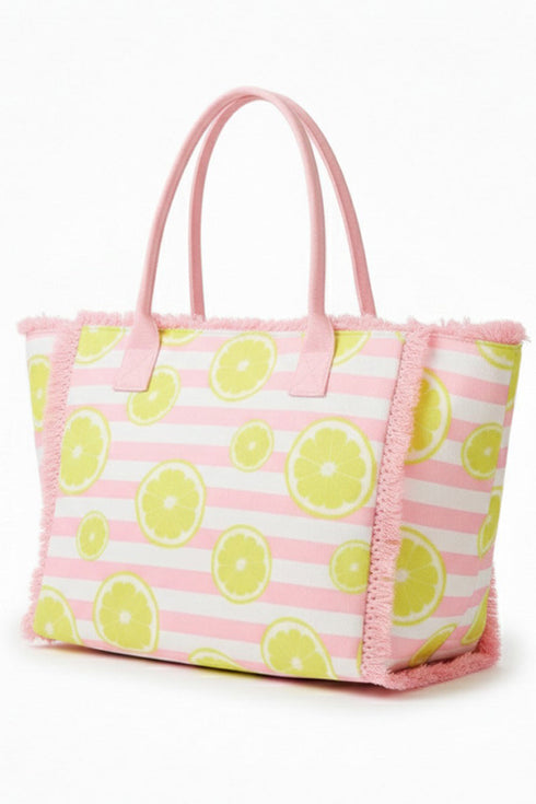 Lemon Drop Fringe Pink Striped Tote