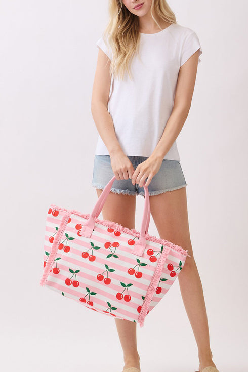 Cherry Crush Fringe Pink Striped Tote