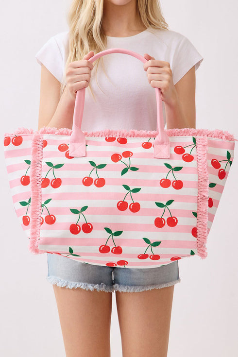 Cherry Crush Fringe Pink Striped Tote