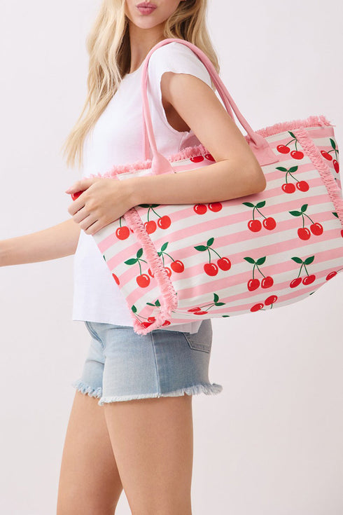 Cherry Crush Fringe Pink Striped Tote