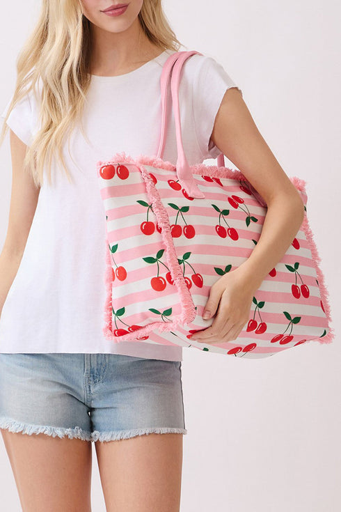 Cherry Crush Fringe Pink Striped Tote