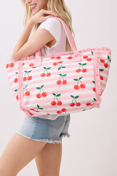 Cherry Crush Fringe Pink Striped Tote