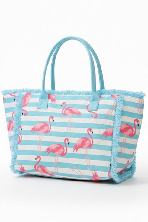 Flamingo Fizz Fringe Blue Striped Tote