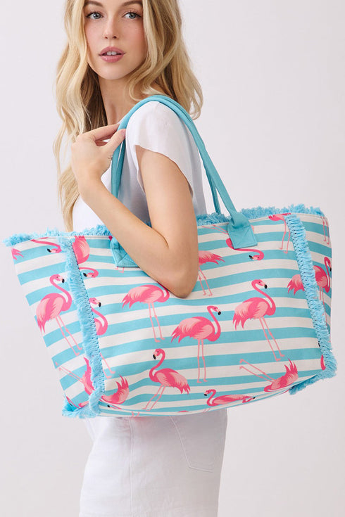 Flamingo Fizz Fringe Blue Striped Tote