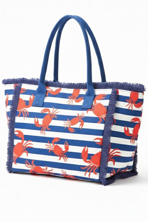Crab Cove Fringe Navy Striped Tote