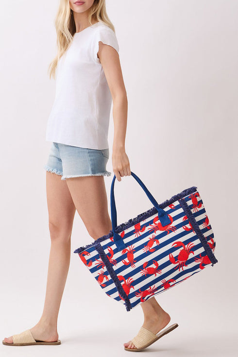 Crab Cove Fringe Navy Striped Tote