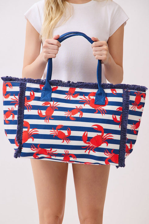 Crab Cove Fringe Navy Striped Tote