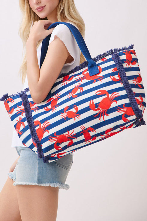 Crab Cove Fringe Navy Striped Tote