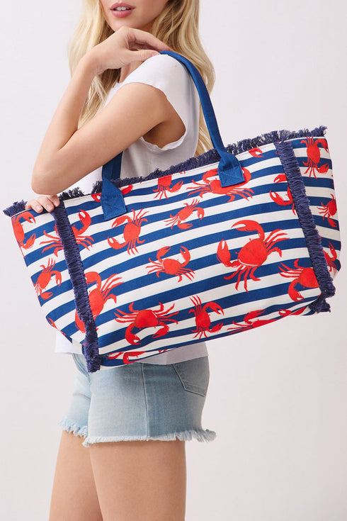 Crab Cove Fringe Navy Striped Tote