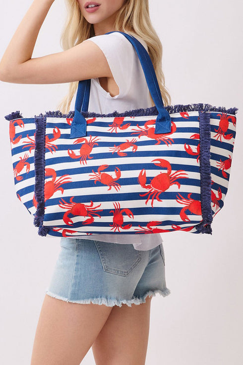 Crab Cove Fringe Navy Striped Tote