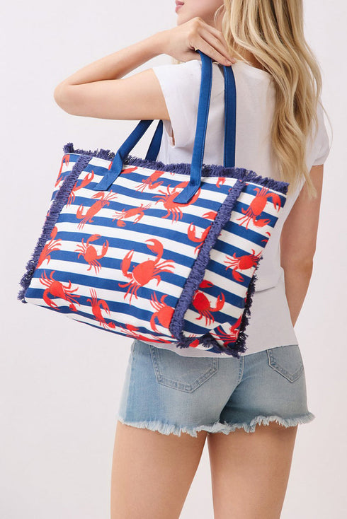 Crab Cove Fringe Navy Striped Tote