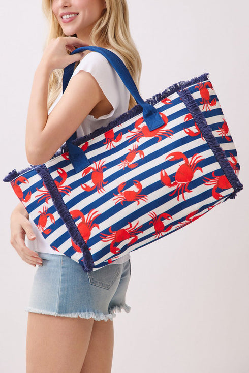 Crab Cove Fringe Navy Striped Tote