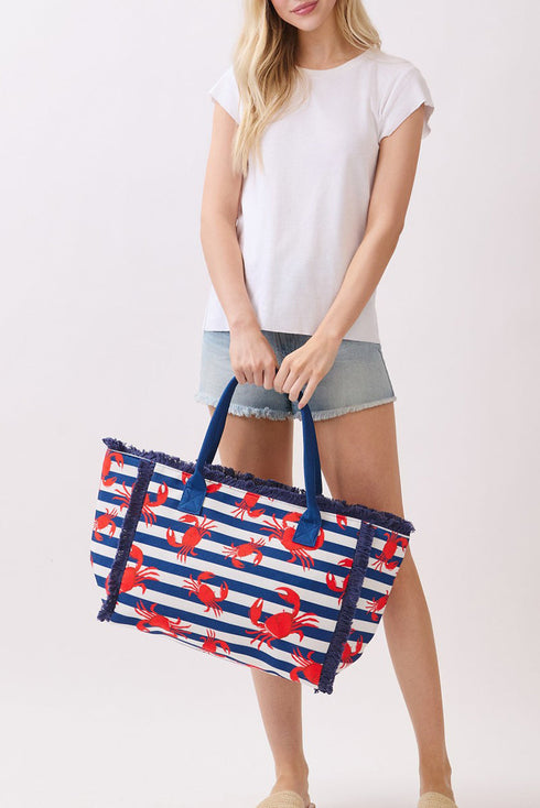 Crab Cove Fringe Navy Striped Tote