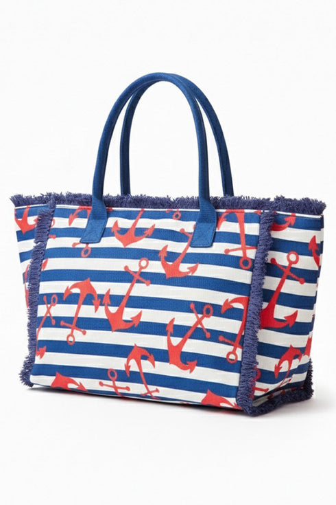 Anchor Splash Fringe Navy Striped Tote