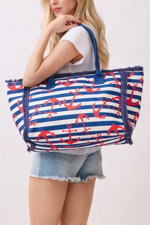 Anchor Splash Fringe Navy Striped Tote