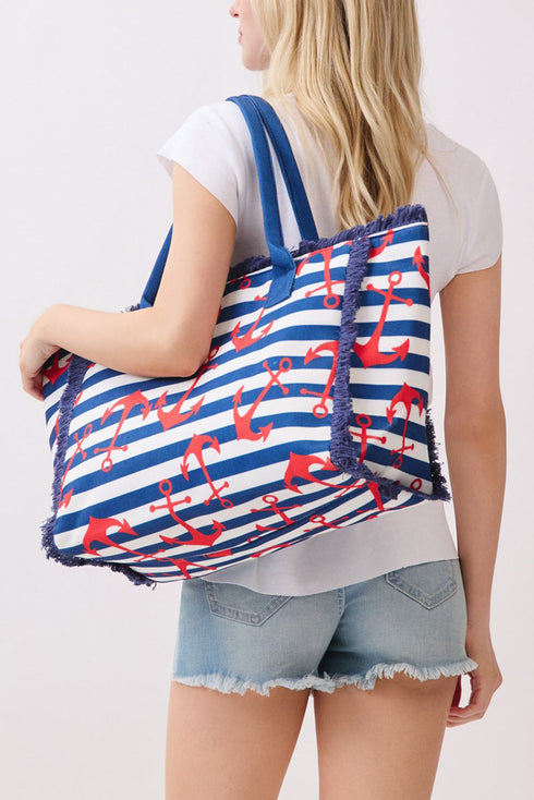 Anchor Splash Fringe Navy Striped Tote