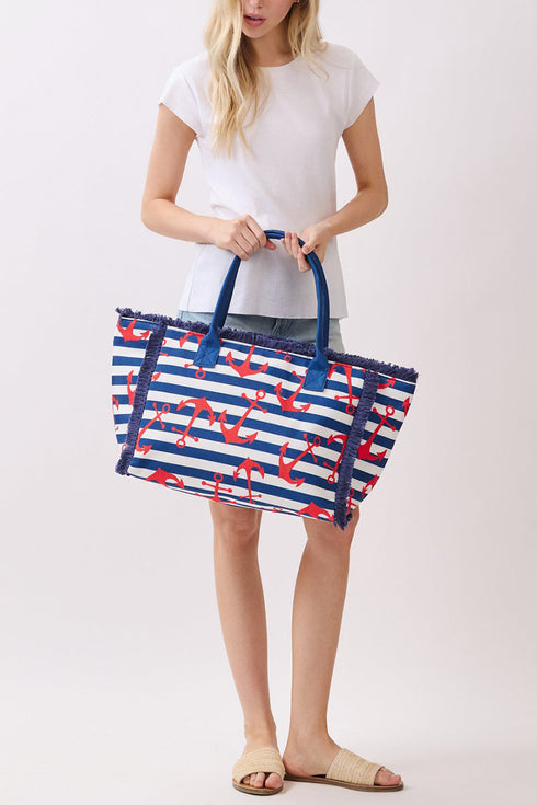 Anchor Splash Fringe Navy Striped Tote
