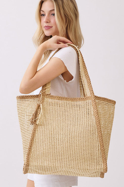 Island Escape Beige Two-Tone Woven Straw Tassel Tote