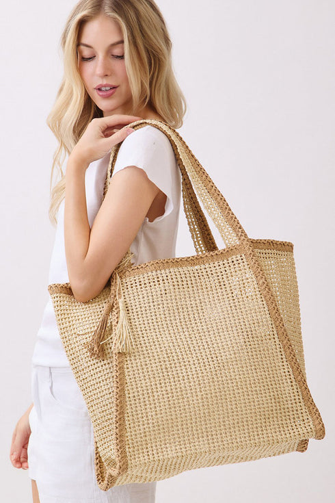 Island Escape Beige Two-Tone Woven Straw Tassel Tote