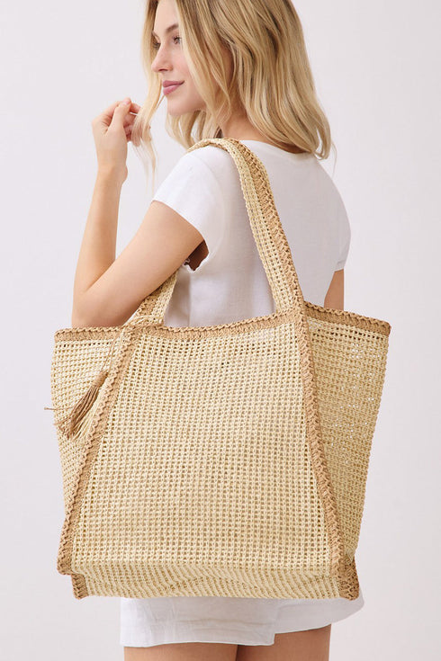 Island Escape Beige Two-Tone Woven Straw Tassel Tote