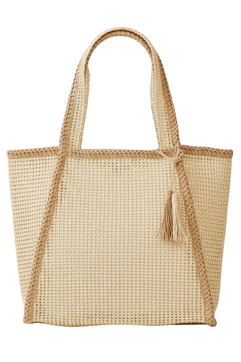Island Escape Beige Two-Tone Woven Straw Tassel Tote