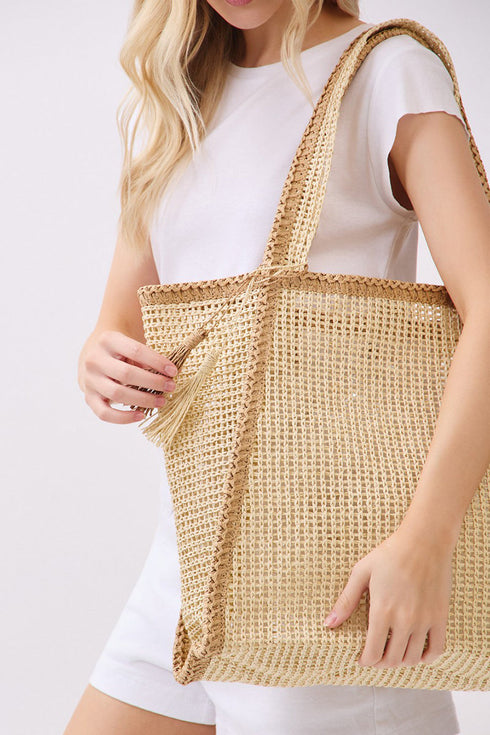 Island Escape Beige Two-Tone Woven Straw Tassel Tote