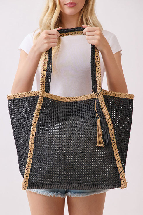 Island Escape Black Two-Tone Woven Straw Tassel Tote
