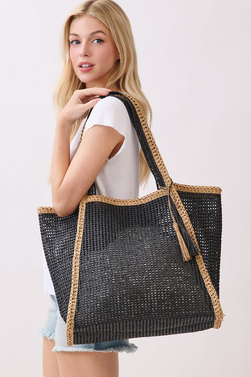 Island Escape Black Two-Tone Woven Straw Tassel Tote