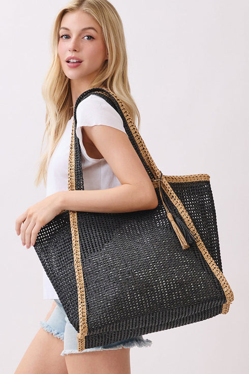 Island Escape Black Two-Tone Woven Straw Tassel Tote