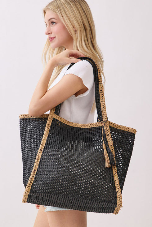 Island Escape Black Two-Tone Woven Straw Tassel Tote