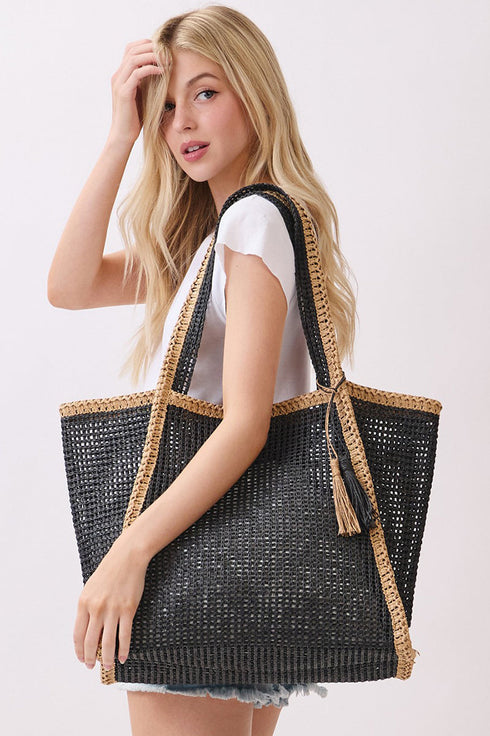 Island Escape Black Two-Tone Woven Straw Tassel Tote