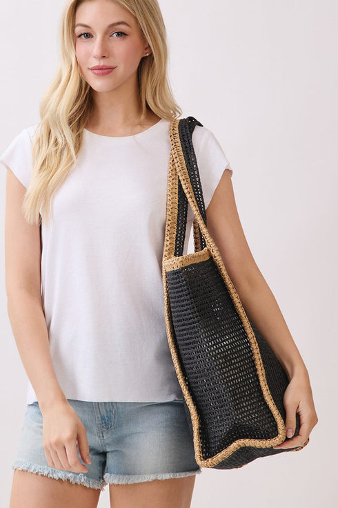 Island Escape Black Two-Tone Woven Straw Tassel Tote