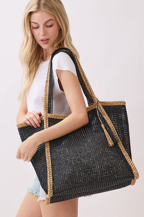 Island Escape Black Two-Tone Woven Straw Tassel Tote