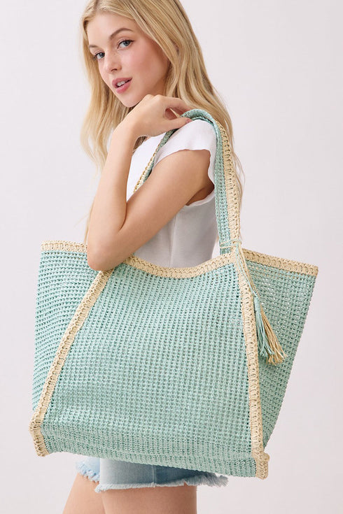 Island Escape Mint Two-Tone Woven Straw Tassel Tote