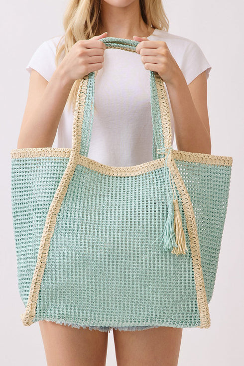 Island Escape Mint Two-Tone Woven Straw Tassel Tote