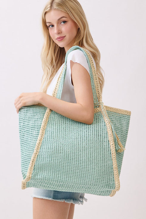Island Escape Mint Two-Tone Woven Straw Tassel Tote