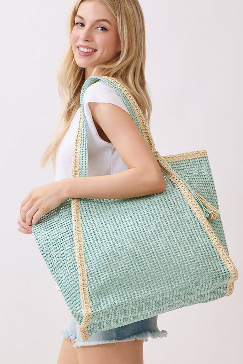 Island Escape Mint Two-Tone Woven Straw Tassel Tote