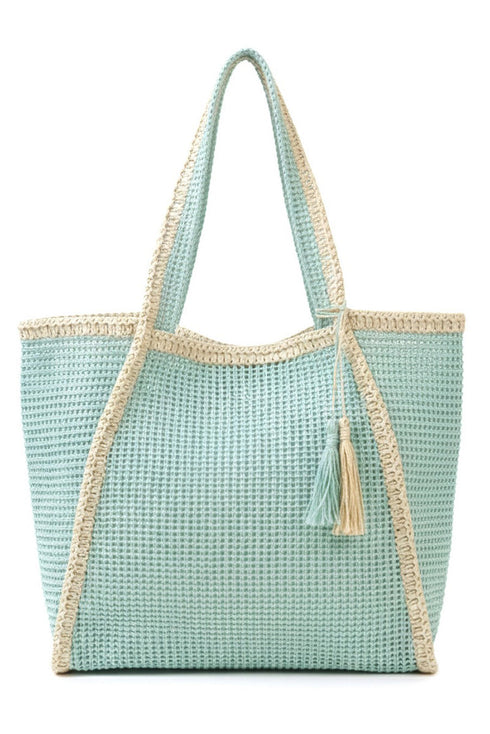 Island Escape Mint Two-Tone Woven Straw Tassel Tote