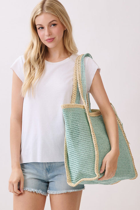 Island Escape Mint Two-Tone Woven Straw Tassel Tote