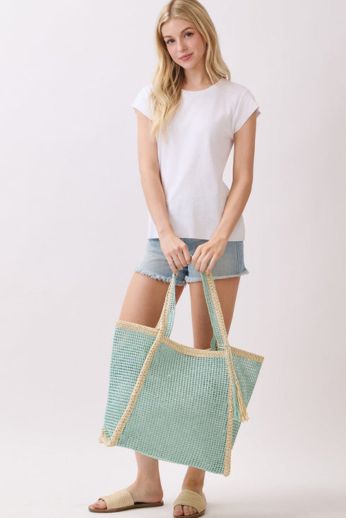 Island Escape Mint Two-Tone Woven Straw Tassel Tote